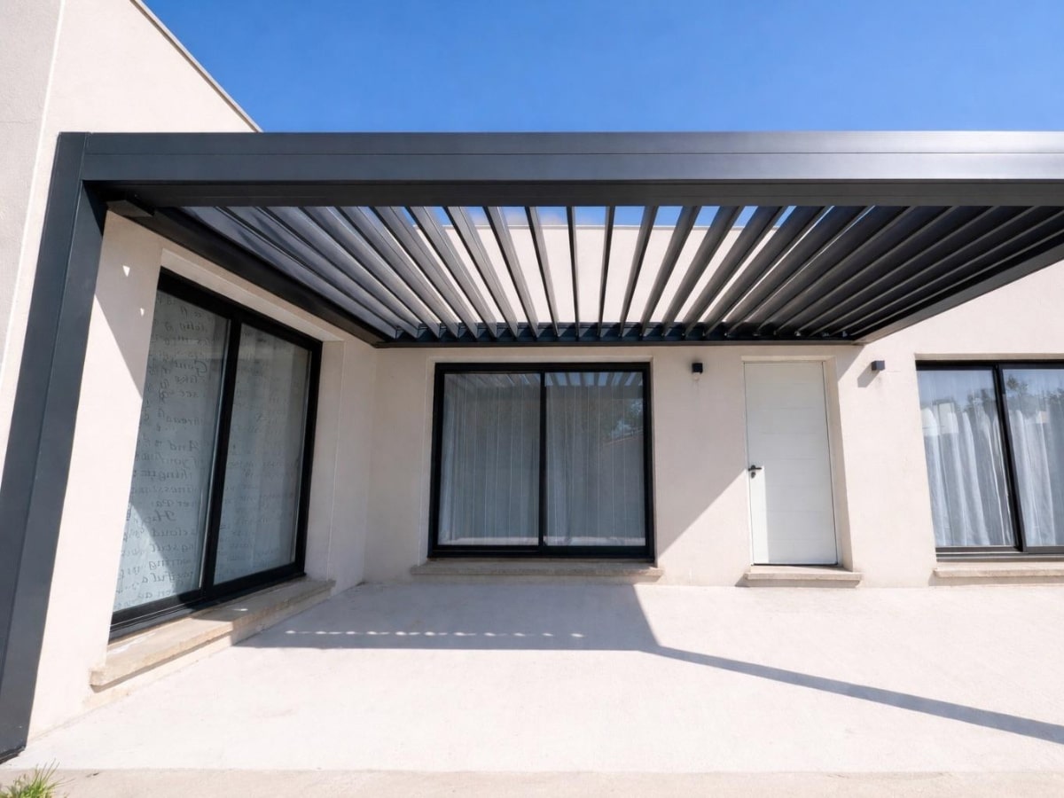 installation d'une magnifique pergola en alu sur mesure avec lames orientables